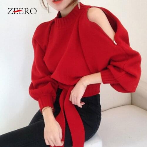 Winter Sweaters for Women Sashes Stand Collar Off Shoulder Sexy Pullovers Jumpers 2021 Korean Knitwear Tops Autumn Crop Sweater