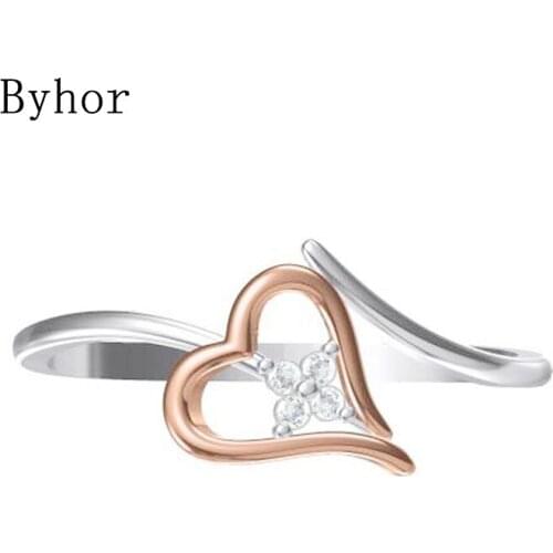 Byhor Solid 14K White+Rose Gold 0.032ct H/SI Natural Diamonds ring Women Fine Jewelry Trendy Wedding Band Heart кольцo кольцa