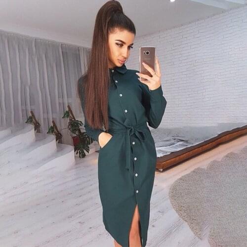 Office Lady Long Sleeve Shirt Dress Fashion Slim Button Sashes Turn-down Collar Midi Dresses 2021 Spring Autumn Womens Clothing