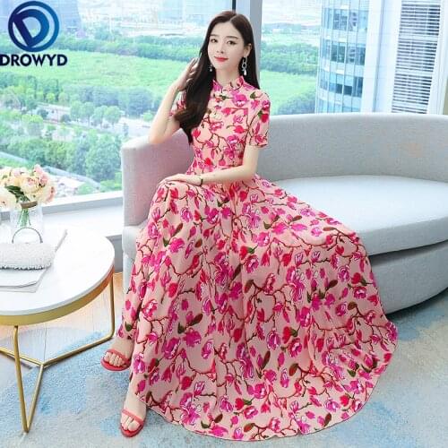 High Quality 2021 Summer Party Dress for Women Cheongsam Style Stand Collar Floral Printed Short Sleeve Women Chiffon Long Dress