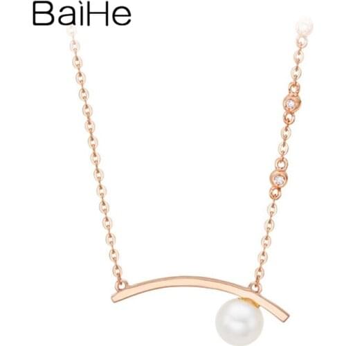 BAIHE Solid 18K White/Yellow/Rose Gold 5.5~6mm Freshwater pearl 0.03ct Diamonds Pearl Necklaces Women Gift Fine Jewelry Wedding