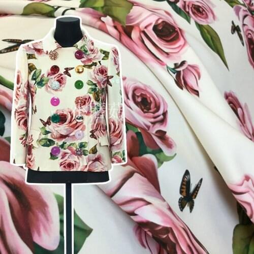 100% Polyester Italian Luxury Brand Rose Printed Dress Stretch Satin Fabric Handmade DIY Home Service Fabrics Wholesale Cloth
