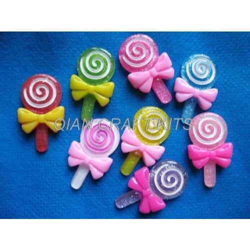 120pcs Resin Lollipop Flatback w/Bow glitter shiny mixed colors big 32mm decoden cabochon sparkle glittery