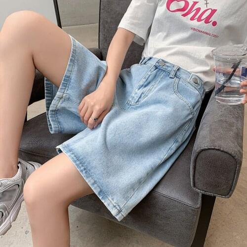 2021 New Summer Denim Shorts Womens Short Jeans Blue Wide Leg Elastic Waist Vintage Knee-length Pants High Waist Shorts Women