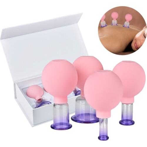 4Pcs/Set Rubber Head Glass Vacuum Cupping Cups Family Body Massage Suction Cans Home Health Care Tools Chinese Vacuum Therapy