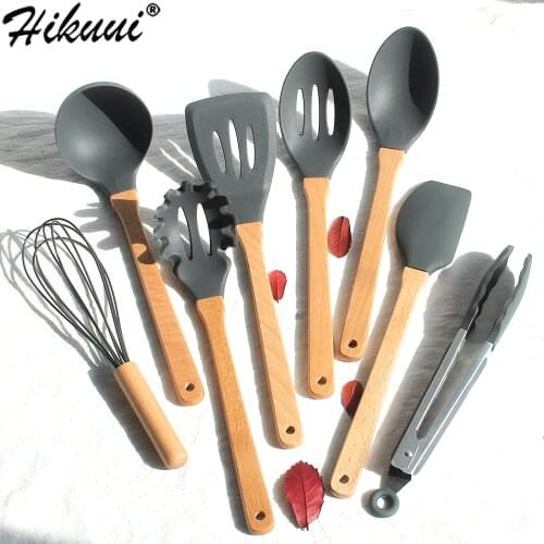 8pcs set Kitchen Non-stick Cooking Utensils Spoon Spatula Ladle Egg Beaters Slotted Turner Tongs Silicone Wood Cooking Tools