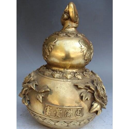 Bi001408 15" Chinese Bronze Carving Auspicious Flower Fengshui Cucurbit Calabash Gourd