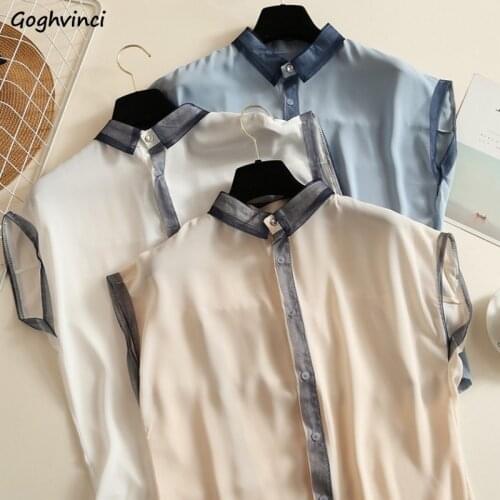 Women Blouses Turn-down Collar Short Sleeve Summer Chiffon Spliced Elegant Thin Womens Loose Shirts Tops Korean Style Simple New