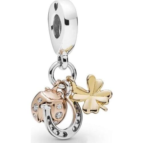 Genuine 925 Sterling Silver Rose, Shine & Silver Horseshoe, Clover & Ladybird Charm Fit Pan Bracelet & Necklace Jewelry