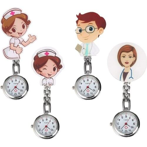 Stylish Clear White Arabic Numerals Dial Pendant Watch for Men Women Cartoon Doctor/Nurse Pattern Practical Stainless Steel Clip