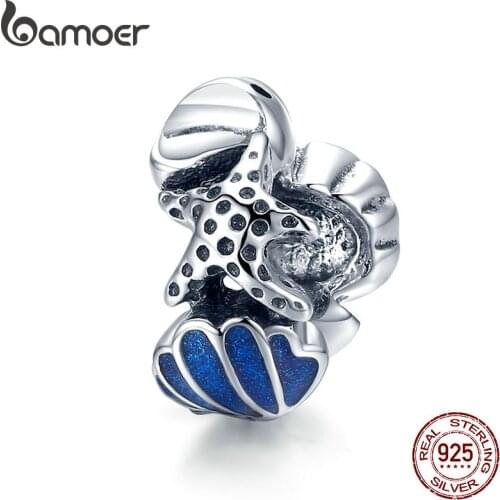 Bamoer Shell with Starfish Beads 925 Sterling Silver Ocean Enamel Charm for Original Silver Bracelet or Bangle Jewelry SCC1536