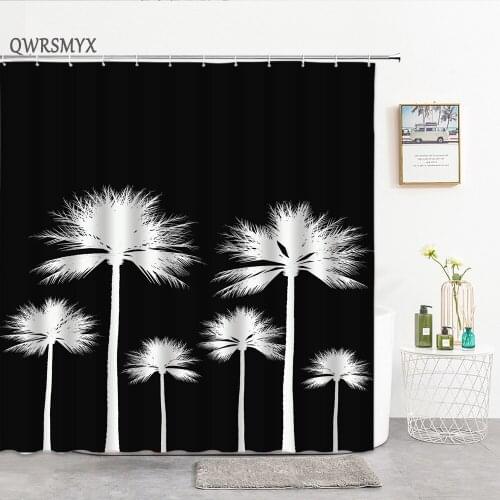 Creative White Coconut Tree Black Background Shower Curtains Fabric Hook Bath Curtain Home Decor Hanging Cloth Bathroom Products