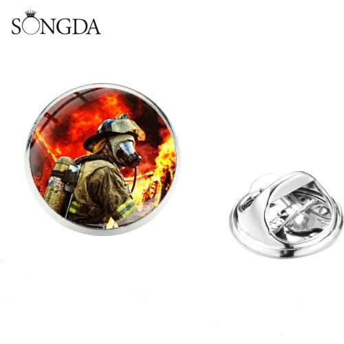 Cool Rescue Firefighter Profession Badges Fire Fighter Department icon Glass Round Brooch Pins Mens Shirt Coat Decorative