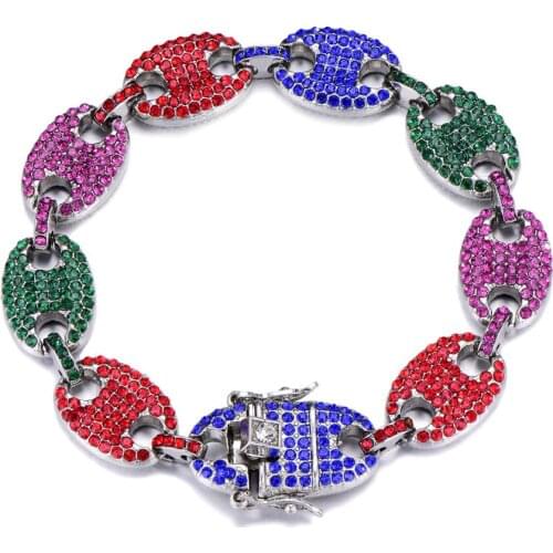 Miami Cuban Link Chain Gold Color Necklace Men Iced Out Bling Bling Hip Hop Jewelry Quadrate Rhinestone Bracelet