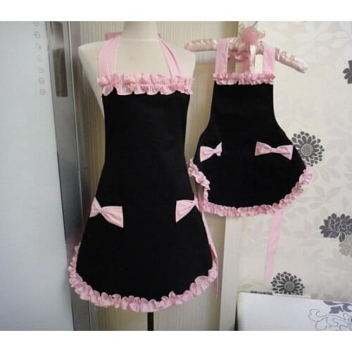 Mother and Daughter Delicate Black Cotton Ladies Kitchen Apron Cooking Childrens Painting Ruffled Avental de Cozinha Divertido