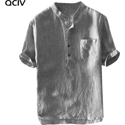2020 Summer Shirts Men 100% Pure Cotton Linen Shorts Sleeve Striped Pullover Slim Fit Stand Collar Tops Brand Clothing
