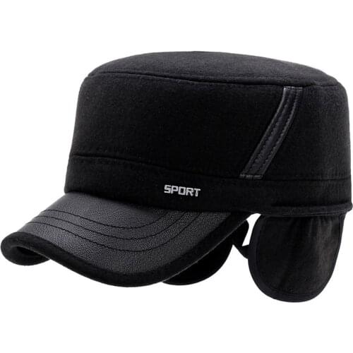 Mens Winter Retro Flat Top Hat Classic Wool Military Cap Warm Thickening Fashion Ear Cap Outdoor Adjustable Size Dad Casual Hat