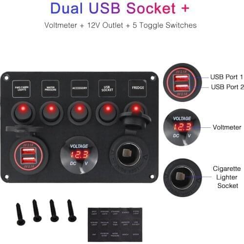 Waterproof 5 Gang Switch Panel 12~24V Dual USB Port Digital Voltmeter Short Circuit Protection for RV Car Boat
