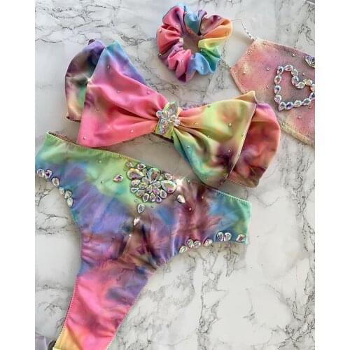 2021 Sexy Bikinis Tie-Dye Bowknot Rhinestone Bandeau Bathing Suit Womens High Waist Swimwear Summer Boho Strapless Swimsuit