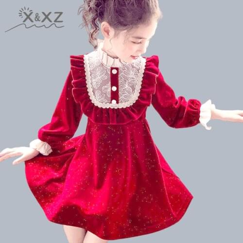 Girls dress autumn 2020 new children Korean version of velvet princess dress girl red lace western style dress XXZ073