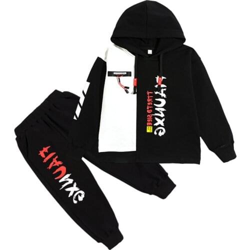 Kids boys track suit letters spell color printing hooded sweater coat + pants 2pcs sets new spring / autumn big virgin suit