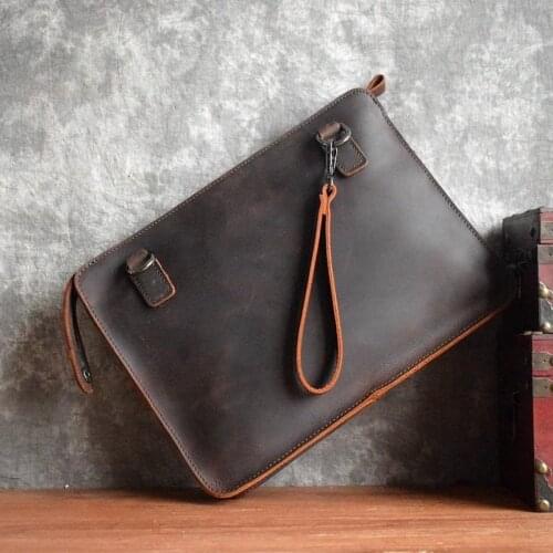 Vintage Original Handmade Crazy Horse Leather A4 Men Clutch Bag