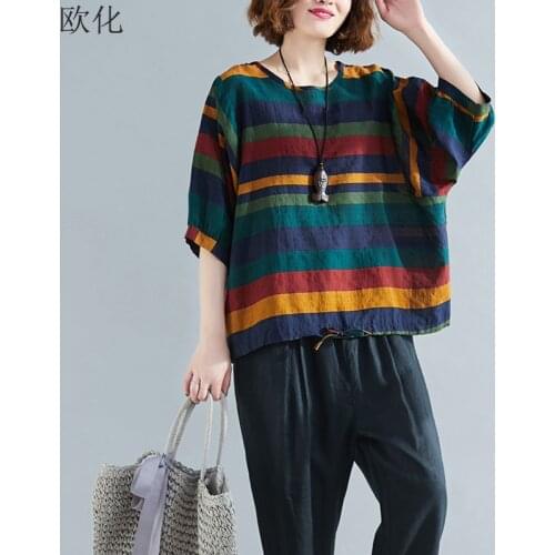 Large Size Women Tshirt Bat Sleeve Summer 2020 Cotton Linen T Shirts Ladies Loose Big Size Korean Tshirt Striped Tops T-Shirts