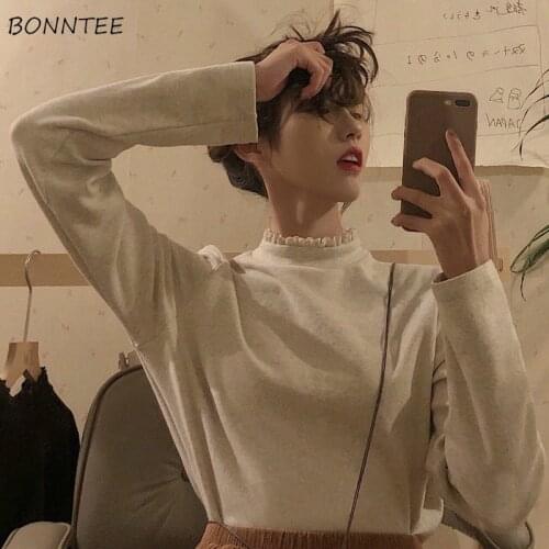 Women T-shirts Autumn Loose Elegant Slim Leisure Daily Office Lady All-match Chic Retro Lace Solid Tees Tops Long Sleeve Vintage