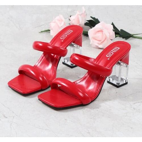 2021 Summer Women Gladiator Sandals Slides Shoes Sexy Crystal Thick High Heels Microfiber Party Dress Buckles Pumps Slip On 8cm
