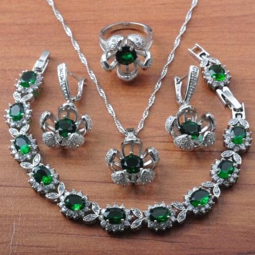For Women Zirconia Bridal Jewelry Sets Green Crystal Earrings Rings Bracelet Necklace Set 2021 New JS0616