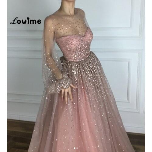 Pink Prom Dresses A-line Evening Dresses Large Sizes Illusion Tulle Sequined Long Sleeves Party Gown 2018 Vestido De Festa Longo