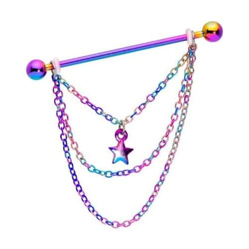 2020 Newest 5 Styles 14G Stainless Steel 14 Gauge Rainbow Star Triple Chain Dangle Industrial Barbell 38mm