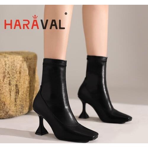 HARAVAL Women Ankle Boots High Heels Brown Black Stretch Modern Boots Spring Autumn Fashion Elegant Women Boots Shoes SolidE368L