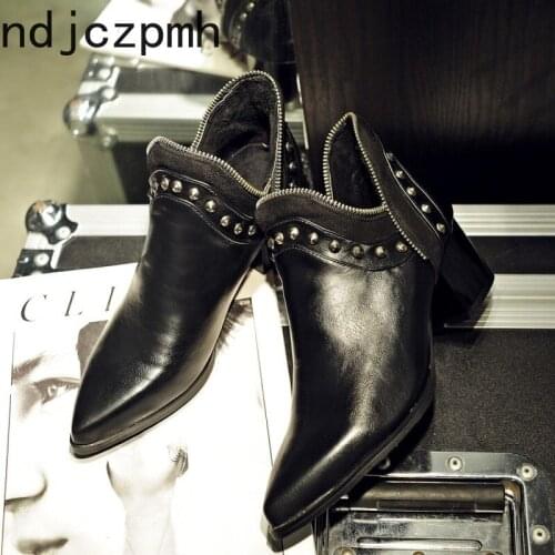 Martin Boots New Winter Fashion Color Matching Rivet Pointed Mid Heel Short Tube Women Shoes Plus Size 33-48 Heel Height 5.5cm