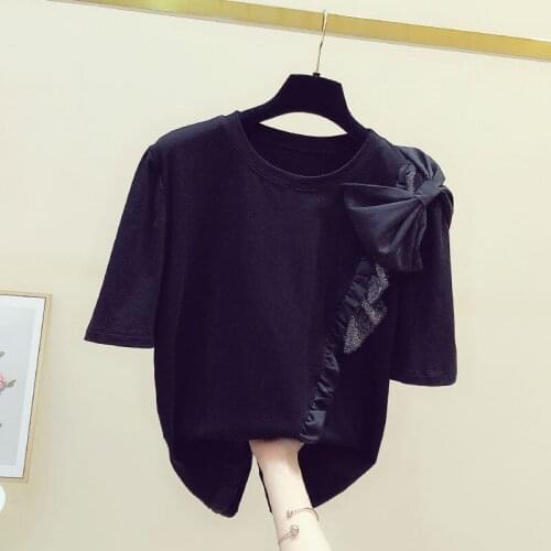 Black Ruffles Bow Women T-Shirts Sumemr New O-Neck Short-Sleeved Slim Casual All Match Female Pulls Tops Tees