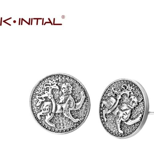 Kinitial Vintage Lion Animal Earrings Statement Viking Runes Stud Earrings for Women Men Fashion Coin Jewelry Wholesale