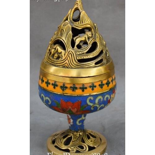 8" Cloisonne Bronze 24K Gold Gilt Animal Lotus Flame Blaze Incense Burner Censer