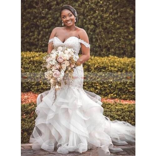 Hot African Plus Size Beaded Appliques Mermaid Wedding Dresses Off The Shoulder Boho Bridal Gowns Tiered Ruffles Organza Chruch