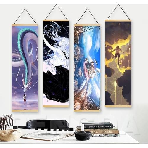Wall Art Canvas Printed Posters Modern Hayao Miyazaki Japan Anime Series Solid Wood Hanging Scroll Painting Boys Room Home Decor