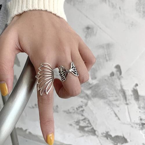 New Korean Punk Trendy Tibetan Silver Hollow Flower Butterfly Geometric Alloy Rings For Women Party Jewelry Gift