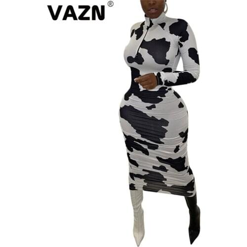 VAZN 2020 Top Quality Sexy Elastic Fancy Elastic Young Daily Regular Full Sleeve Women High Waist Thin Midi Dress