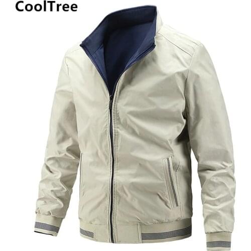 CoolTree Men Casual Jackets Spring Autumn Solid color Wear on both sides Stand collar Coats Male Slim Fit Zipper Outerwear Tops
