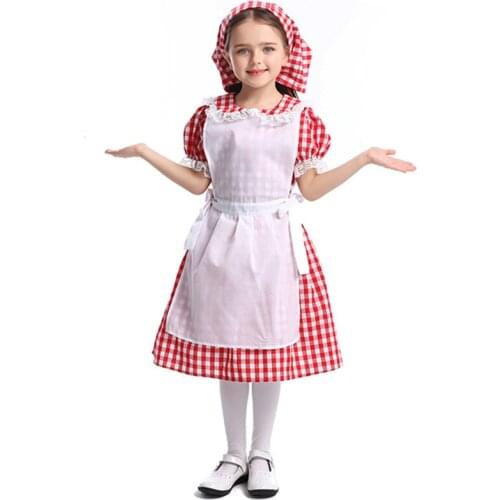 Purim Girl Plaid Maid Costume Book Week Prairie Pioneer Girl Red Cloak Cosplay Fancy Party Dress Carnival Halloween