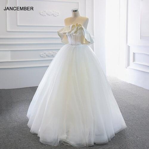 RSM67165 White Elegant Tube Top Frill Wedding Dress 2021 Tulle See-through Back Lace-Up Design And Floor Skirt