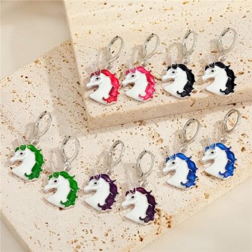 1Pair New Fashion Colorful Enamel Unicorn Hoop Earrings For Women Punk Cute Hip Hop Horse Animals Pendant Ear Stud Jewelry E786