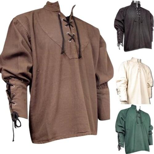 Medieval Viking Pirate Linen Top Shirt Costume Renaissance Mens Nordic Retro T-shirt Beard Cosplay Tee Lace-Up For Adult