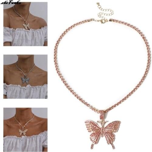 Rhinestone Butterfly Necklace Link Long Chain Pendent Gifts for Women Chains Bling Hip Hop Fashion Jewelry
