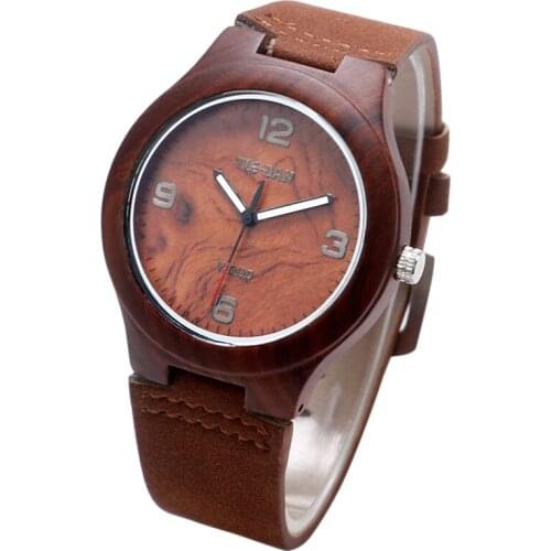 TIEDAN Mens Bamboo Wood Wrist Watch Men Classical Dial Red Brown Quartz Creative Watches Christmas Xmas Gift Genuine Leather