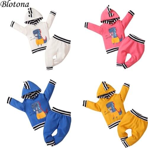 Blotona 2Pcs Toddlers Spring Fall Casual Outfits, Dinosaur Print Hooded Long Sleeve Sweatshirt + Long Pants for Baby Girls, Boys