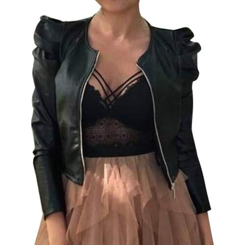 Jacket Women Zipper Short Leather Jackets Coat Autumn Puff Sleeve Black Outwear Coat Elegant Slim Jacket jaqueta feminina D30